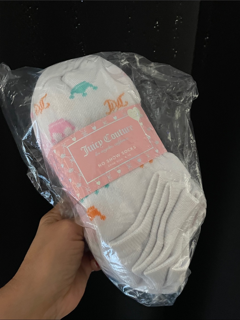 Juicy Couture White No-Show Socks with Pink, Teal & Orange